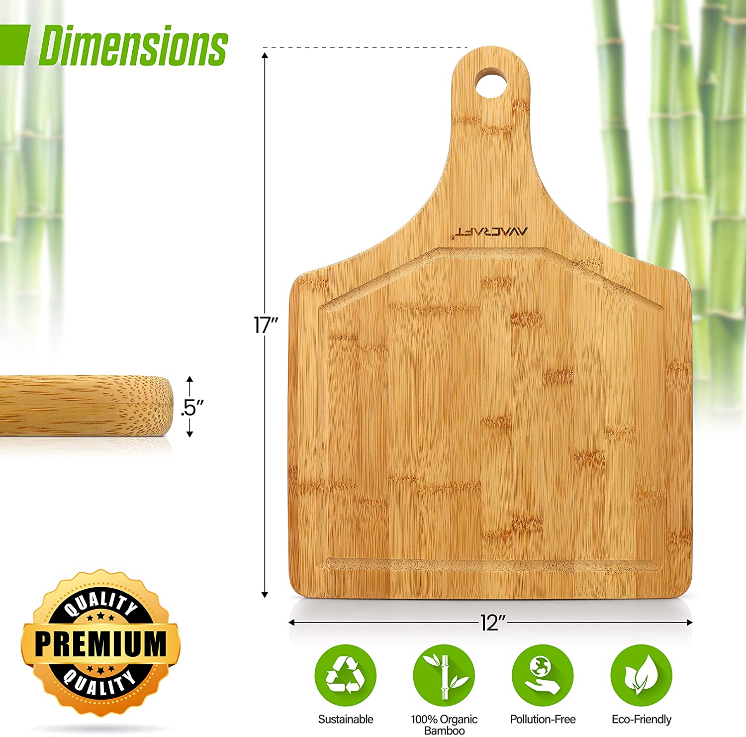 AVACRAFT Organic Bamboo Cutting Board with Handle, Wood Serving Board, Ideal Cutting Board for Cheese, Herbs (17X12 with Handle)