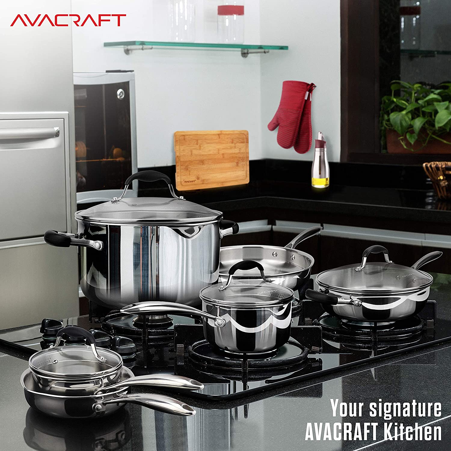 AVACRAFT 18/10 Stainless Steel Cookware Set, Premium Pots and Pans Set, Kitchen Essentials for Cooking, Multi-Ply Body Stainless Steel Pan Set, 10