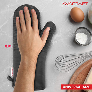 AVACRAFT Oven Mitts Pair, Flexible, 100% Cotton with Heat Resistant Food Grade Silicone, Thick Terrycloth Interior, 500 F Heat Resistant (Grey Oven Mitts)