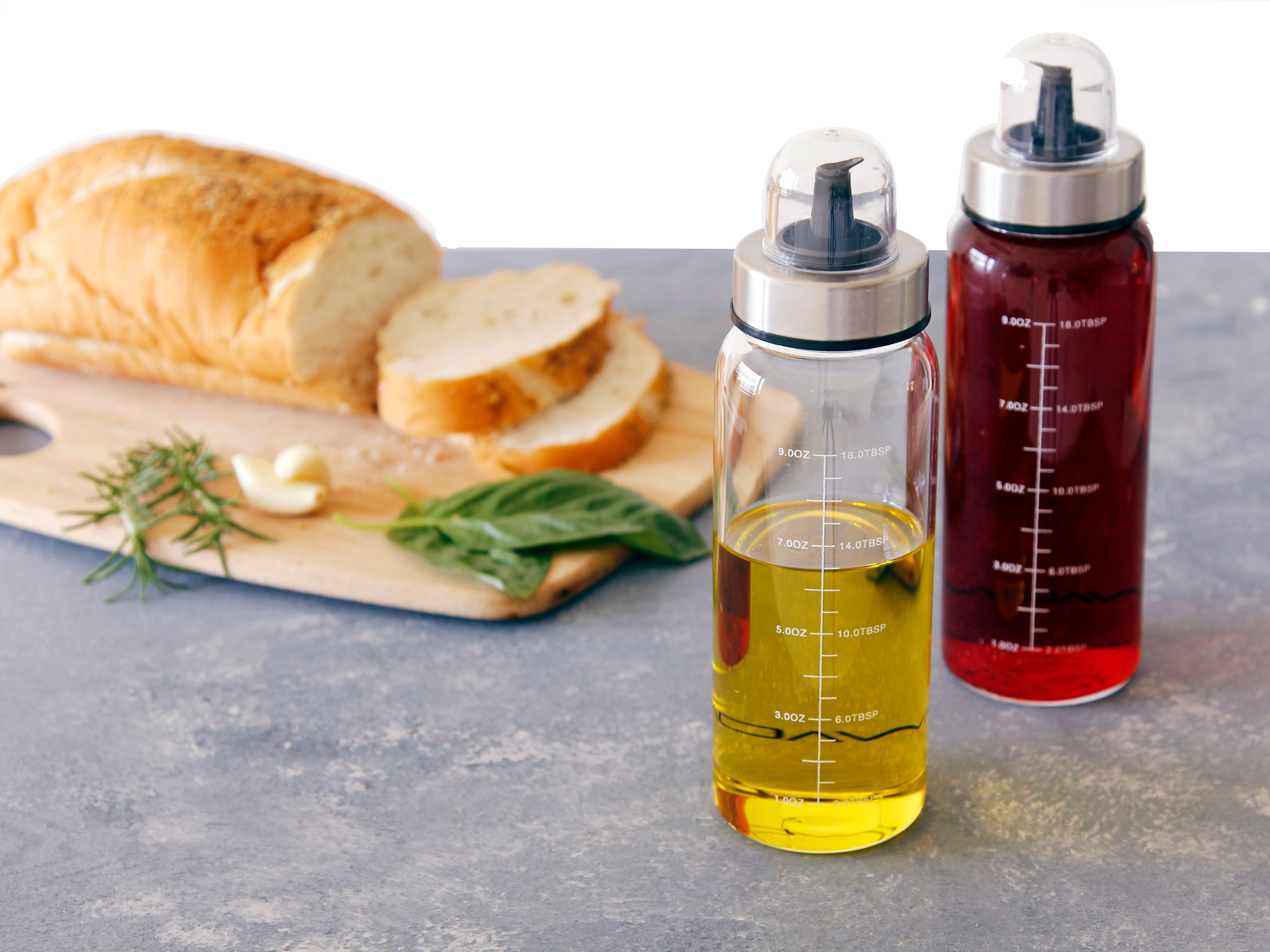 AVACRAFT Glass Olive Oil Dispenser Bottle with Pour Spouts, Measurement Marks on the Oil container for Healthy Cooking, Oil and Vinegar Dispenser 10OZ, Set of Two (OC3)
