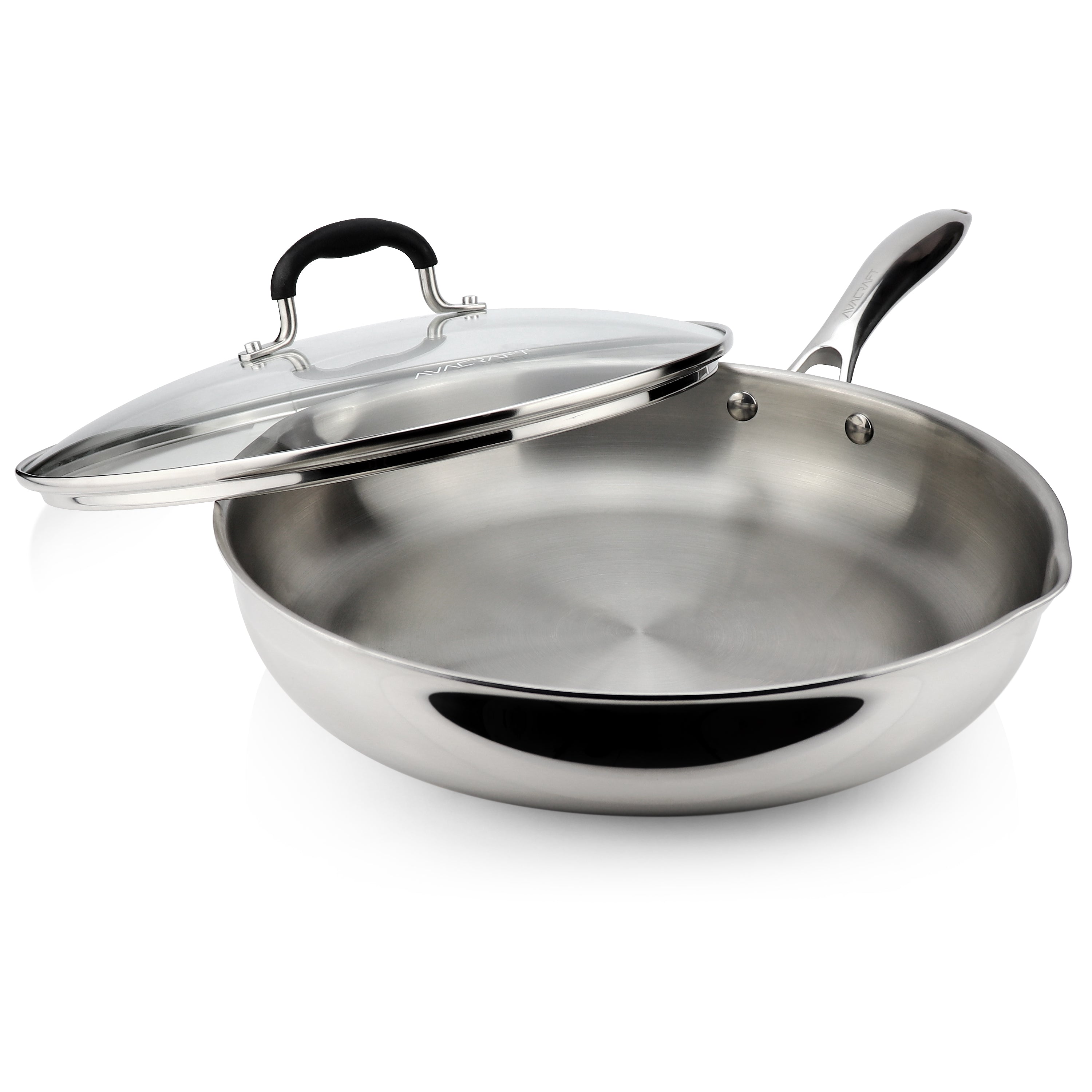 AVACRAFT 18/10 Stainless Steel Frying Pan with Lid and Side Spouts (Tri-Ply Full Body, 12 Inch)