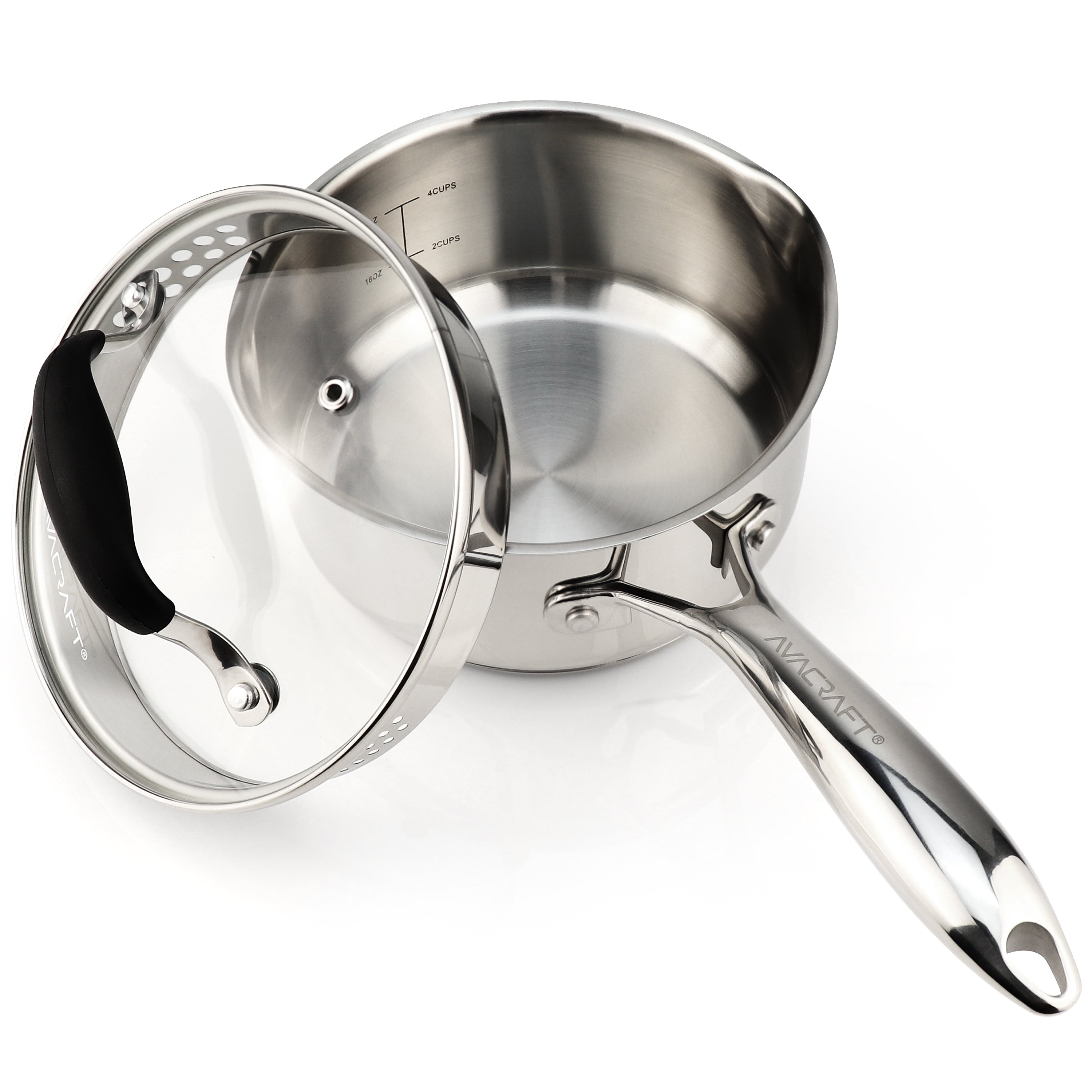 AVACRAFT Stainless Steel Saucepan with Strainer Glass Lid,Two Side Spouts for Easy Pour with Ergonomic Handle (Five-Ply Capsule Bottom, 1.5 Quart)