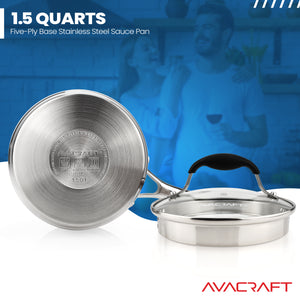 AVACRAFT Stainless Steel Saucepan with Strainer Glass Lid,Two Side Spouts for Easy Pour with Ergonomic Handle (Five-Ply Capsule Bottom, 1.5 Quart)
