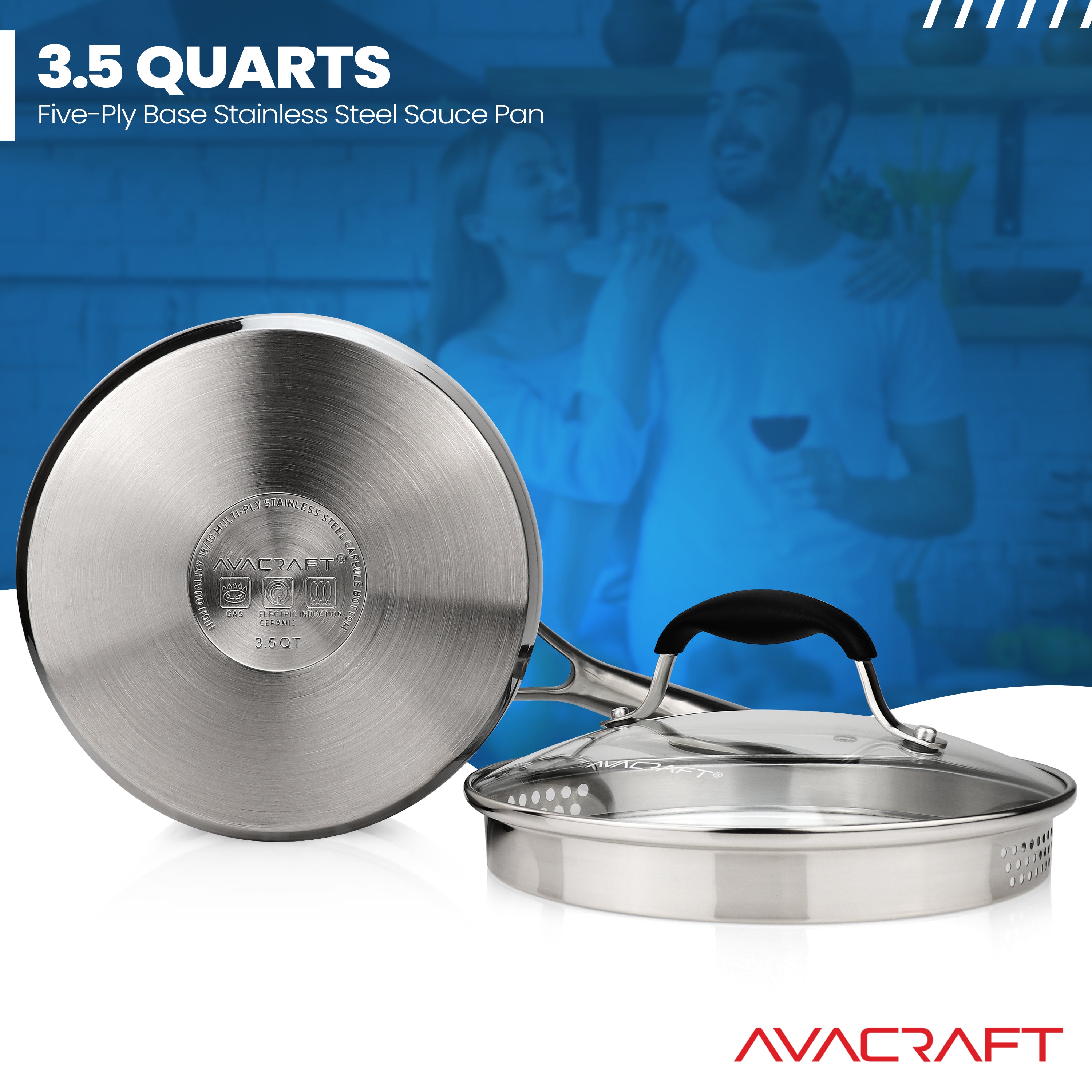 AVACRAFT Stainless Steel Saucepan with Glass Lid Strainer Lid Two Side 3.5  Quart