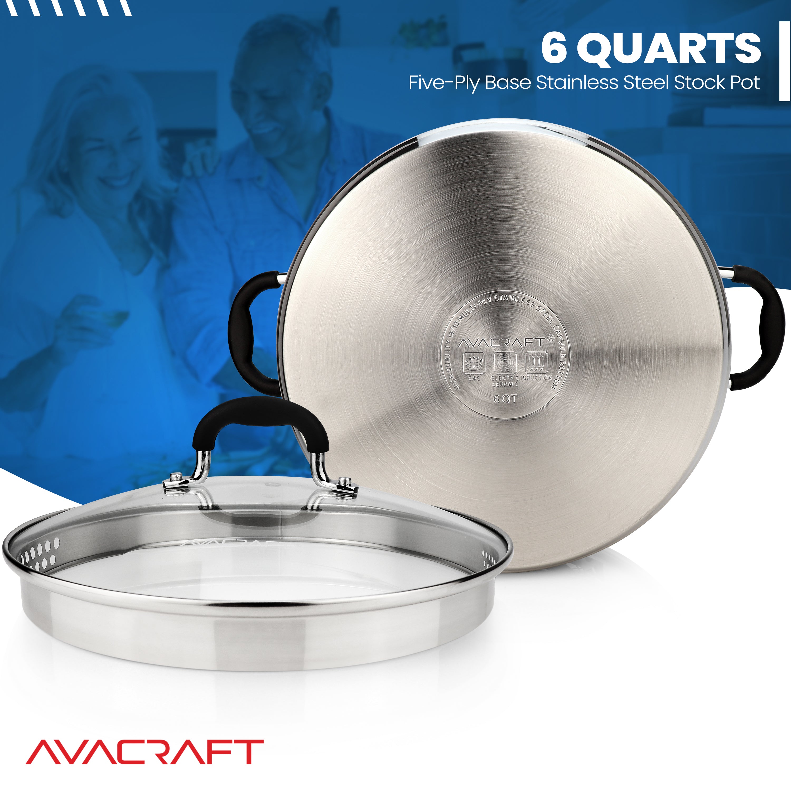 AVACRAFT Top Rated Stainless Steel Stockpot with Glass Strainer Lid, 6 Quart Pot, Side Spouts (6QT)