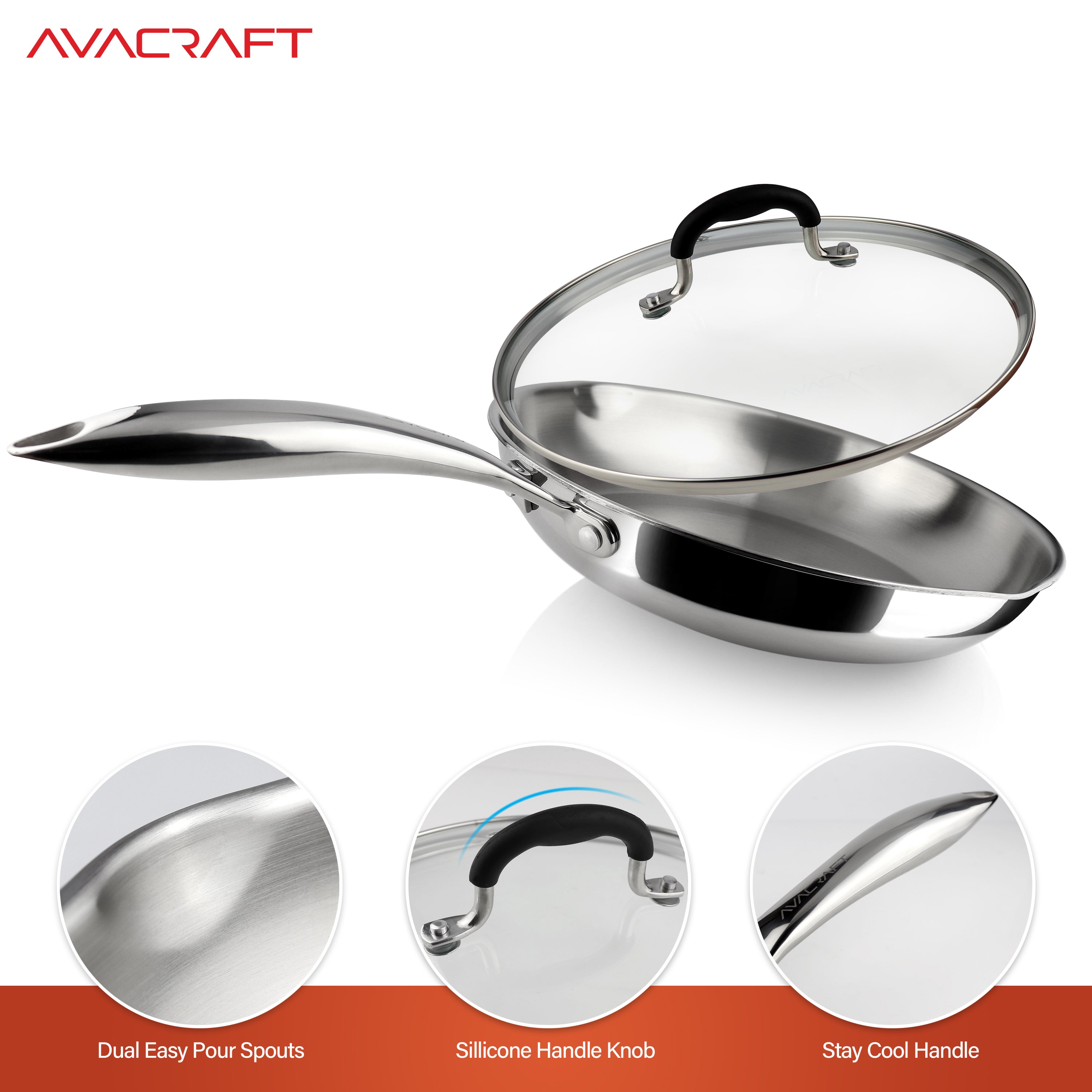 AVACRAFT 10 Inch Tri-Ply Stainless Steel Frying Pan with Lid， Side Spouts，  Induction Pan， Versatile Stainless Steel Skillet， Fry Pan in our Po並行輸入-