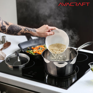 AVACRAFT Stainless Steel Saucepan with Glass Strainer Lid, Two Side Spouts for Easy Pour with Ergonomic Handle (Five-Ply Capsule Bottom, 3.5 Quart)