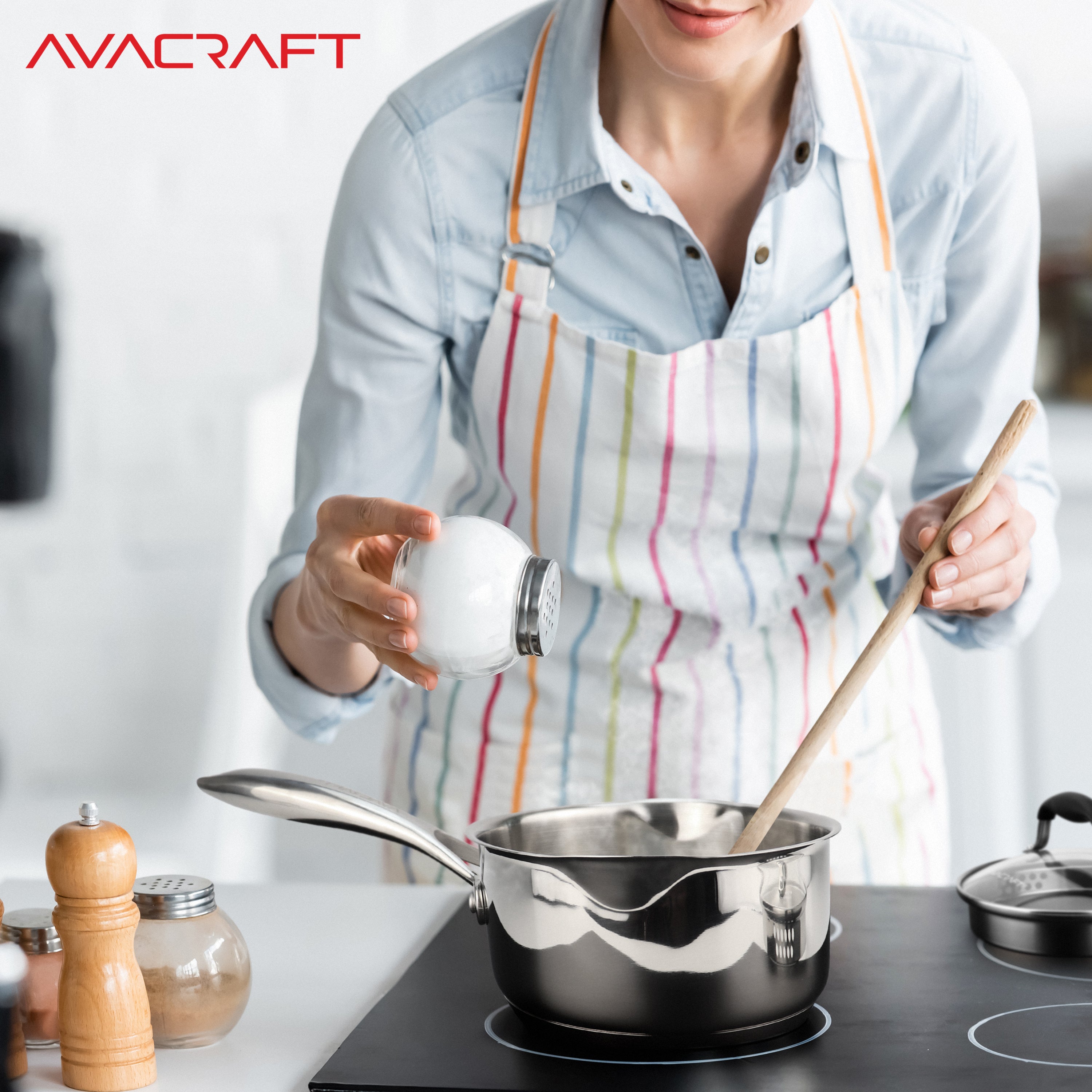 AVACRAFT Stainless Steel Saucepan with Glass Lid Strainer Lid Two Side Spouts for Easy Pour with Ergonomic Handle Multipurpose Sauce Pan with Lid
