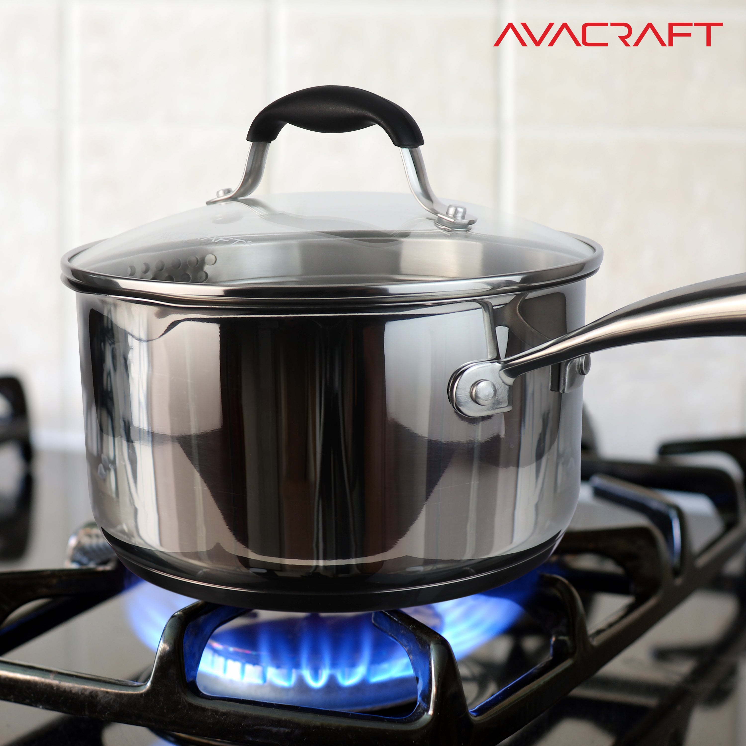 AVACRAFT Tri-Ply Stainless Steel Saucepan with Glass Strainer Lid, Two Side Spouts, Multipurpose Sauce Pan with Lid, Sauce Pot